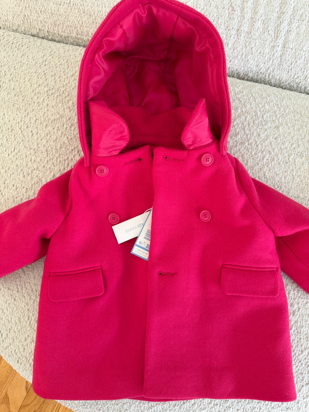 Jacadi Hot Pink Double-Breasted Pea Coat with Hood